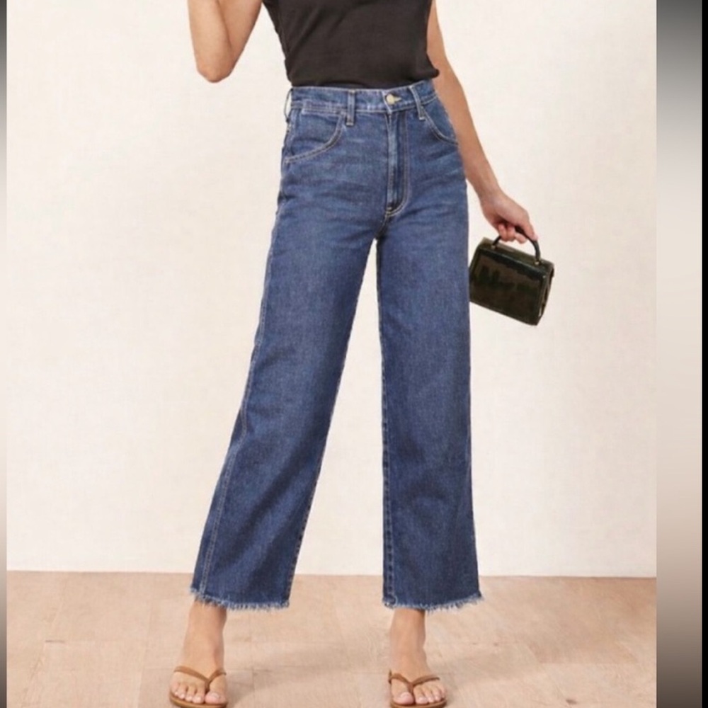 Reformation Max Jeans 26 vintage inspired carpenter Indigo wash frayed crop - Picture 7 of 11